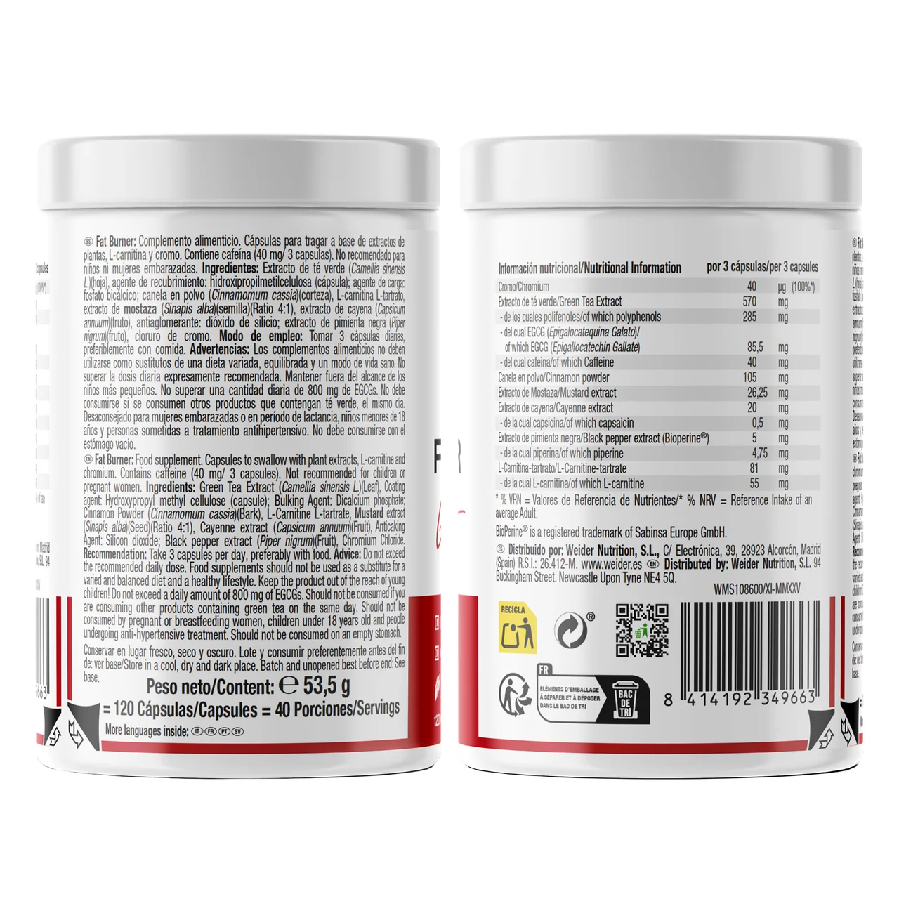 Fat burner bioperine 120 cápsulas.