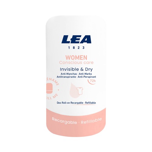 LEA Women Desodorante roll on recargable para mujer, anti manchas y antitranspirante hasta 72 horas 50 ml.