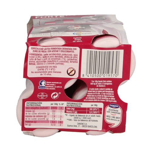 DENSIA Yogur líquido desnatado, con sabor a fresa y que ayuda a el control de la densidad ósea 0% de Danone 4 x 100 g.