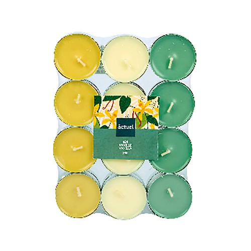 Set de 24 tealights, velas pequeñas, aroma de vainilla, 3 colores, ALCAMPO.