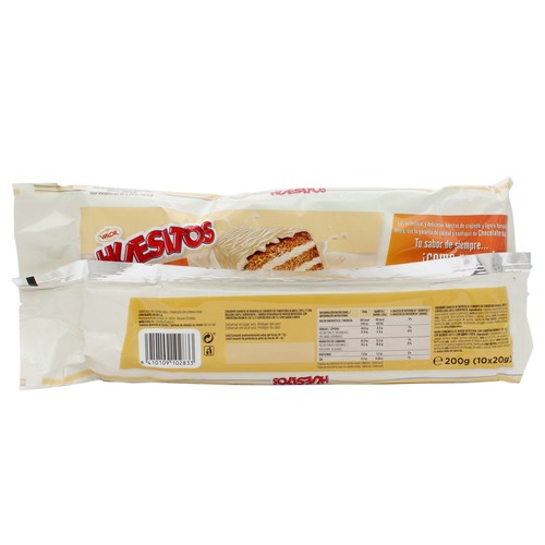 HUESITOS Barritas de chocolate blanco, crujientes y con relleno sabor nata 10 uds. 20 g.