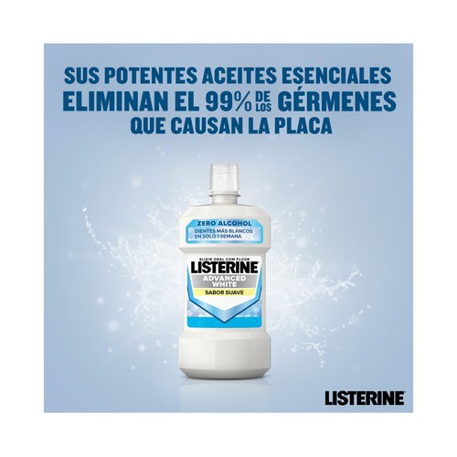 LISTERINE Advanced white Enjuague bucal con acción blanqueadora, sin alcohol y sabor suave a menta 500 ml.