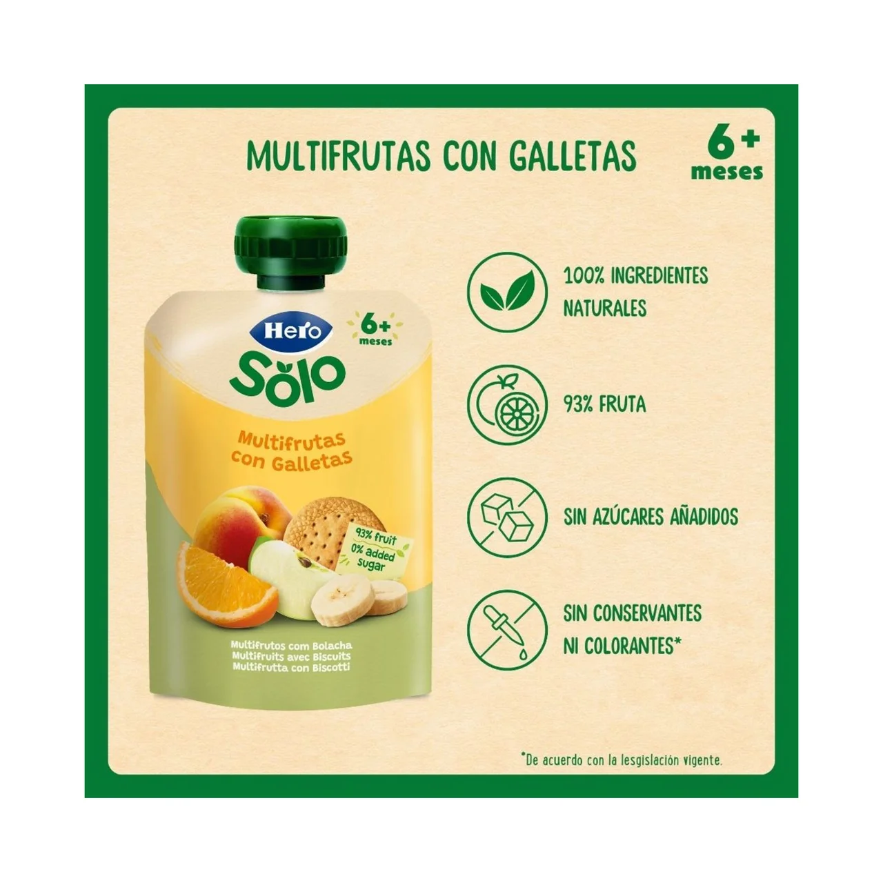 Solo Bolsita de frutas (naranja, plátano manzana y melocotón) con galleta, a partir de 6 meses 100 g.