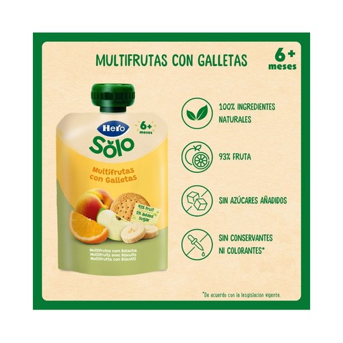 HERO Solo Bolsita de frutas (naranja, plátano manzana y melocotón) con galleta, a partir de 6 meses 100 g.