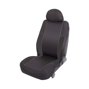 Imagen de Funda para asiento delantero de automóvil, de talla única y fabricada en poliester en tonos negros con las costuras en blanco ROLMOVIL.