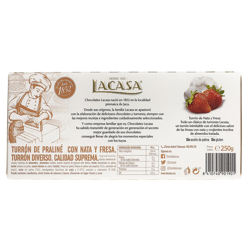 Turrón de nata y fresa LACASA 250 g.