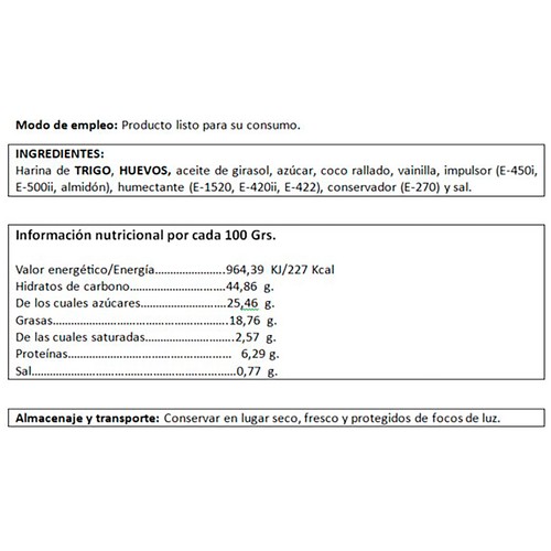 Bizcocho de coco 300 g.