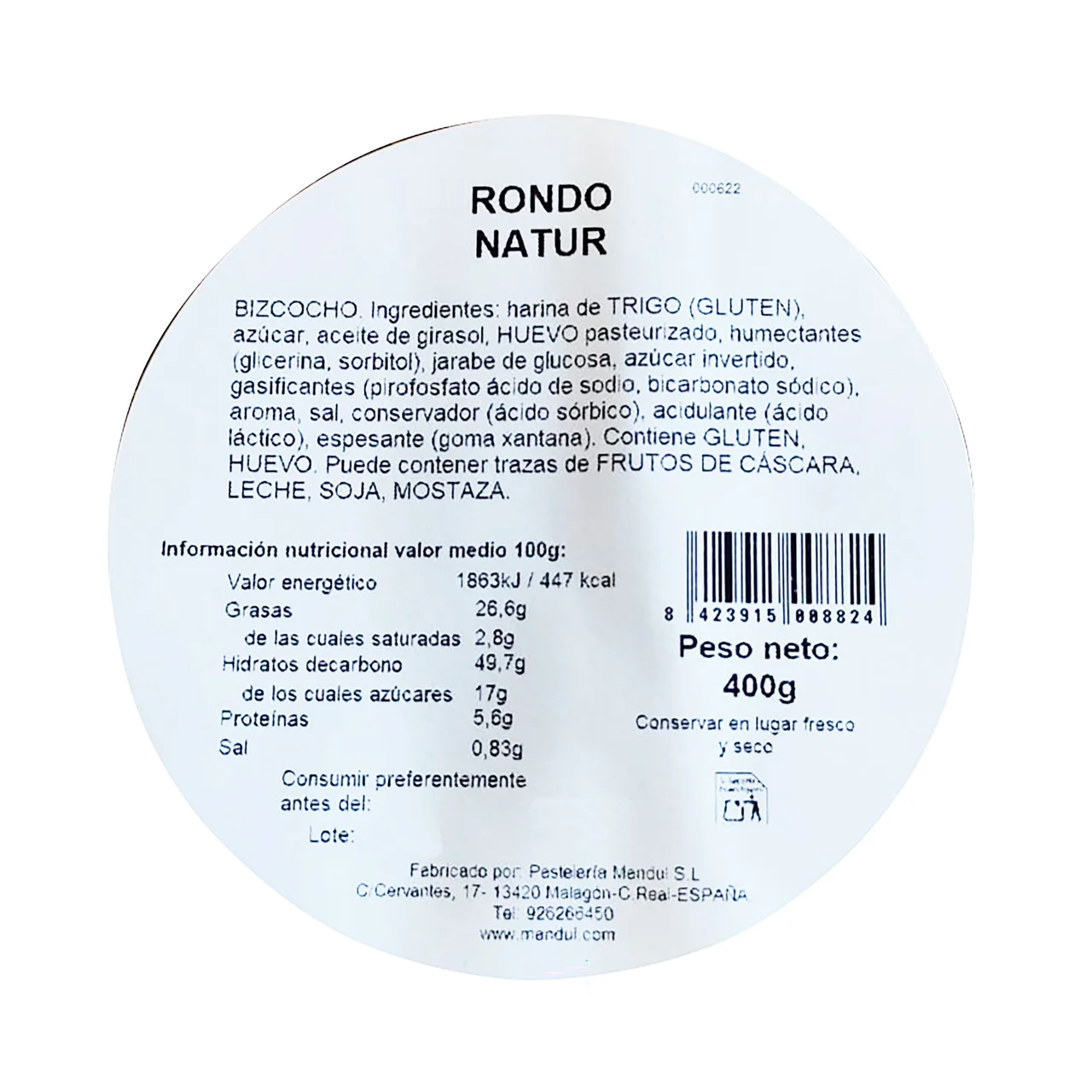 Bizcocho rondo Clásico 400 g.