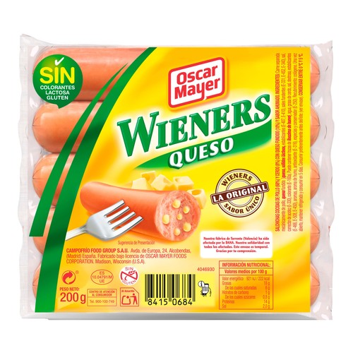 Salchichas cocidas de cerdo y pollo con queso fundido y sabor ahumado OSCAR MAYER Wieners 200 g.
