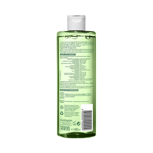 GARNIER Agua micelar con flor de Aciano y cebada ecológicas, para todo tipo de pieles incluso sensibles GARNIER Bio 400 ml.