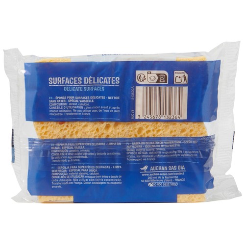PRODUCTO ALCAMPO Estropajo de fibra azul, con esponja, especial superficies delicadas 2 uds.