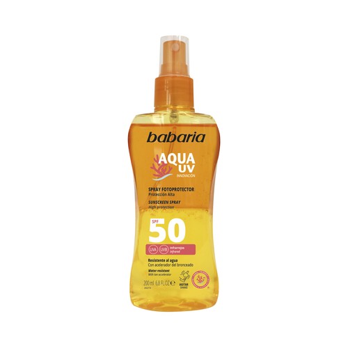 BABARIA Aqua uv Spray protector solar acelereador del bronceado y FPS 50 (muy alta) 200 ml.