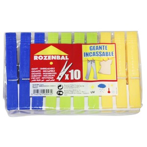 Imagen de 10 pinzas para tender de gran tamaño fabricadas en plástico de colores ROZENBAL.