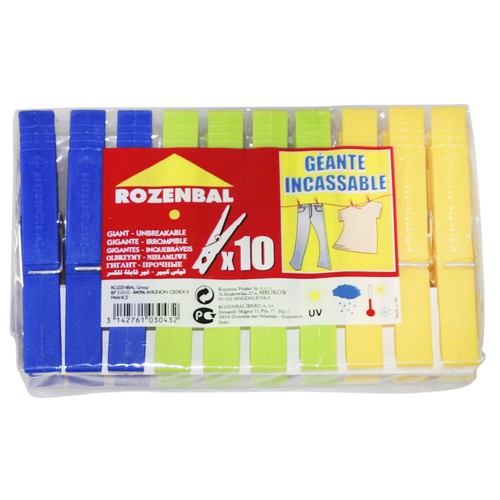 10 pinzas para tender de gran tamaño fabricadas en plástico de colores ROZENBAL.