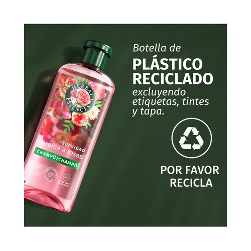 HERBAL ESSENCES Champú suavizante e hidratante con aroma a rosas, para cabellos secos 350 ml.