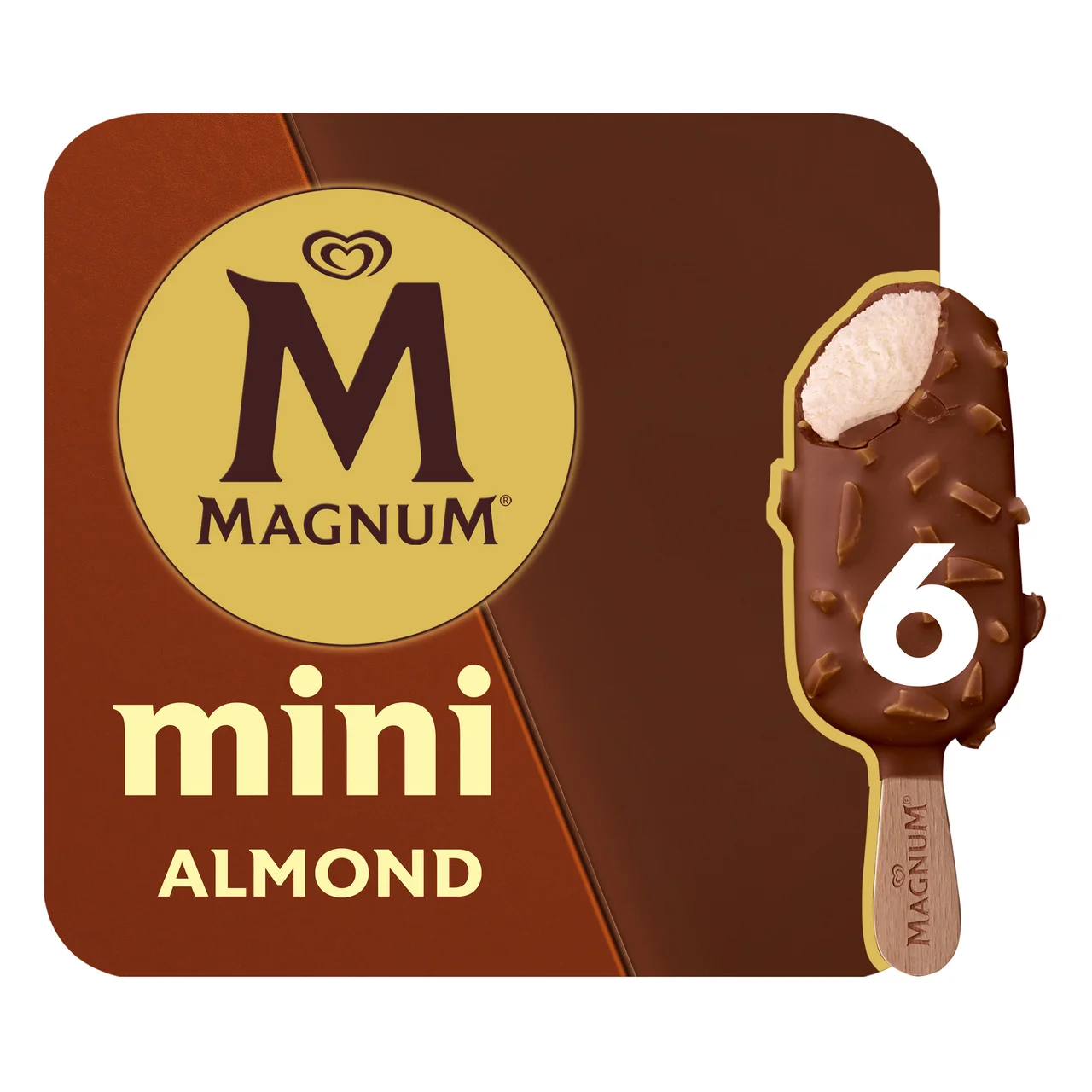 De Frigo Mini bombón helado de vainilla recubierto de chocolate con leche y almendras 6 x 60 ml.