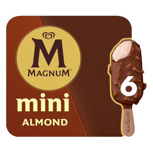 MAGNUM de Frigo Mini bombón helado de vainilla recubierto de chocolate con leche y almendras 6 x 60 ml.