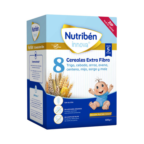 NUTRIBÉN Papilla de 8 cereales (trigo, cebada, arroz, avena, centeno, mijo, sorgo y maíz) con extra de fibra, a partir de 5 meses NUTRIBÉN Innova 600 g.