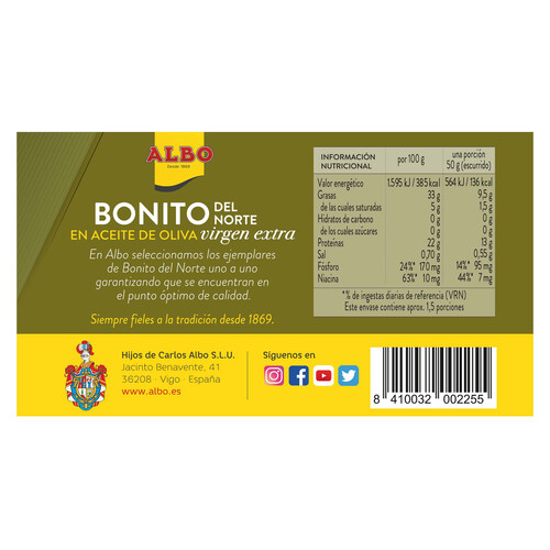 ALBO Bonito del norte en aceite de oliva virgen extra ALBO lata de 82 g.
