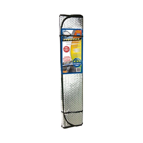 Parasol aluminizado con cerrado meidnate correas elásticas, efecto laser, cortina térmica refelctora y medida de 145x90 centímetros ROLMOVIL.