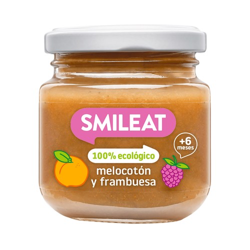 SMILEAT Tarrito de fruta (melocotón y frabuesa) 100% ecológica, a partir de 6 meses 130 g.