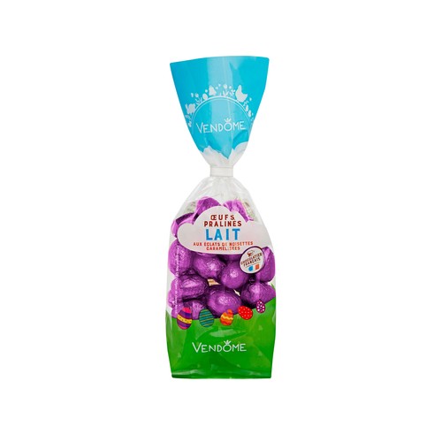 VENDOME Huevos de Pascua bombón de chocolate con leche rellenos de praliné y trocitos de avellana caramelizada 250 g.