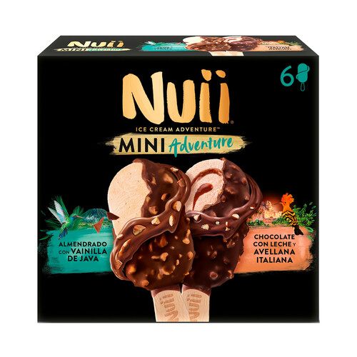 NUII Adventure Mini helados de vainilla de Java (3) y de avellana italiana (3), recubiertos de chocolate con leche 6 x 55 ml.
