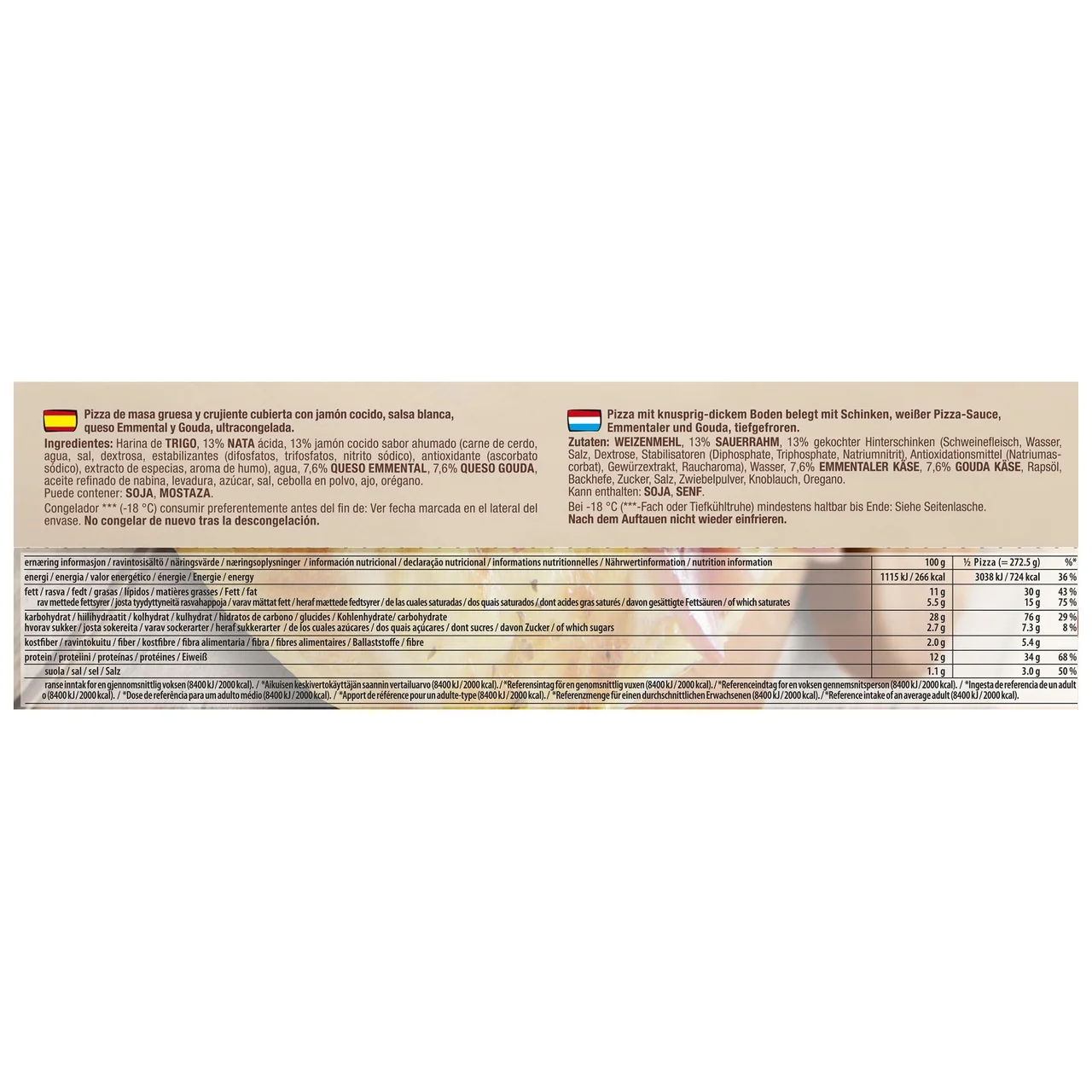 DR. OETKER Rustica Pizza de masa gruesa con jamón cocido, salsa blanca, Emmental y Gouda 545 gg.