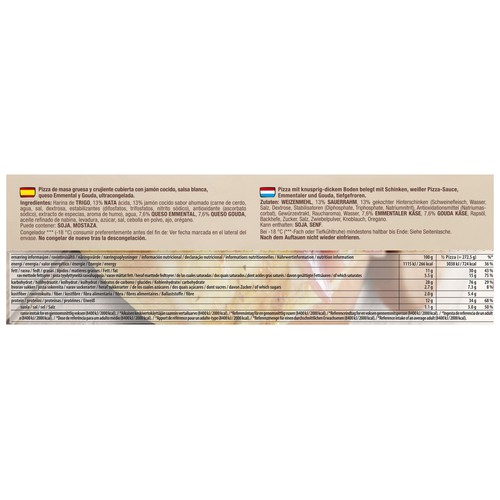 DR. OETKER Rustica Pizza de masa gruesa con jamón cocido, salsa blanca, Emmental y Gouda 545 gg.