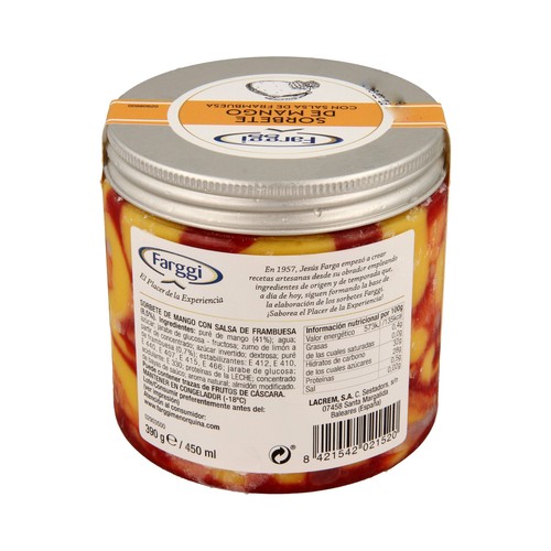 FARGGI Tarrina de sorbete de mango con salsa se frambuesa 450 ml.