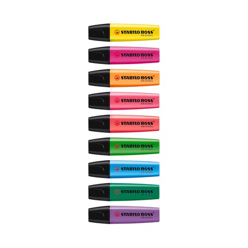 Estuche transparente de 8 marcadores fluor, STABILO BOSS ORIGINAL.