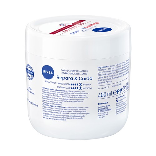 NIVEA Repara & cuida Crema corporal (cara, cuerpo y manos) hidratante, para pieles extra seca y ásperas 400 ml.