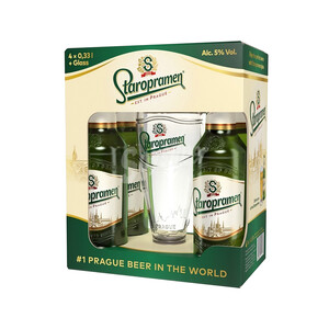Imagen de STAROPRAMEN Pack de cerveza rubia pilsner checa 4 botellas de 33 centilitros + vaso