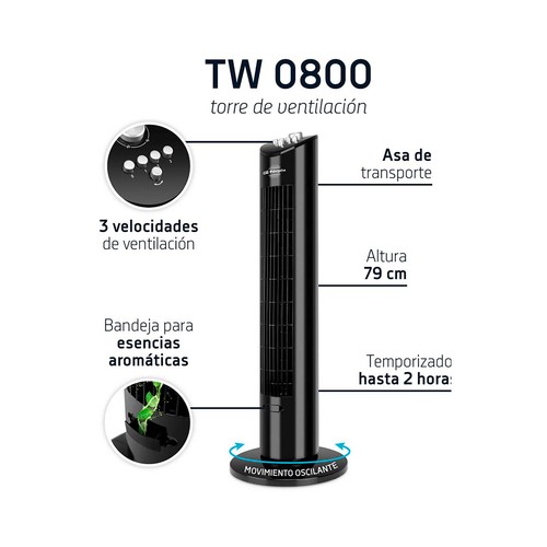 Ventilador torre OBREGOZO TW0800, 60W, color negro.