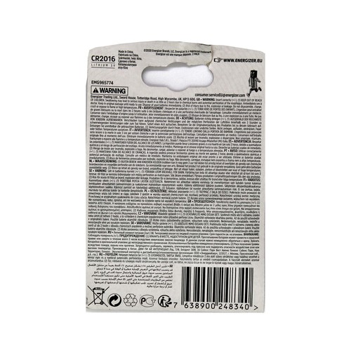 Pack de 2 pilas de botón de litio CR2016, 3V, ENERGIZER.