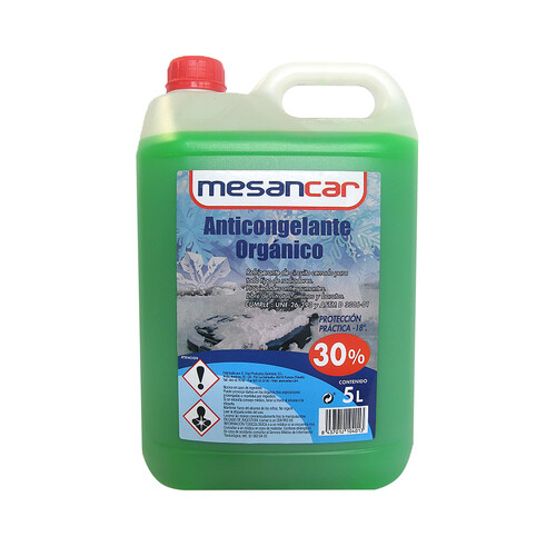 Líquido refrigerante con temperatura de protección de hasta -18ºC, 5L verde orgánico, 30% Monoetilenglicol, MESANCAR.