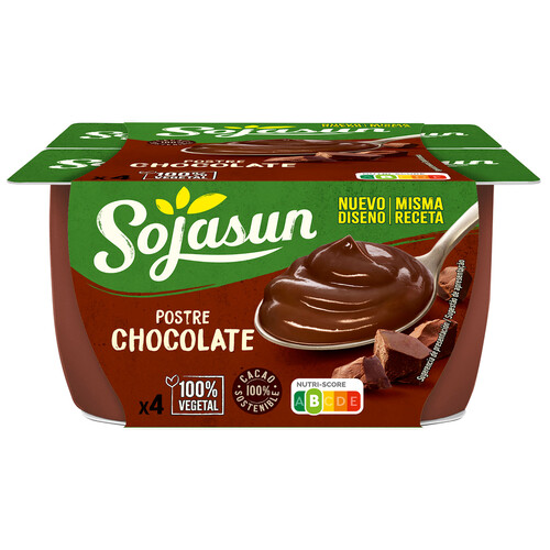 SOJASUN Especialidad de soja con sabor a chocolate, elaborado con cacao 100% sostenible 4 x 100 g.