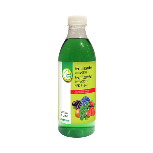 Botella de 1 litro con fertilizante líquido universal, recomendado para todo tipo de planta.