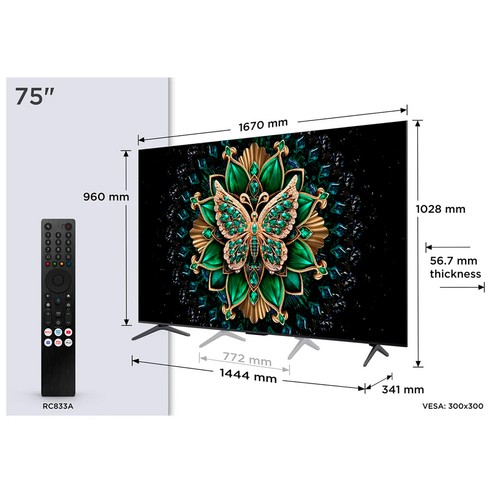 Televisión 189cm (75") MINI LED TCL 75C6K,4K,Ultra HD, SMART TV, WIFI, BLUETOOTH, USB reproductor, 4HDMI, 144HZ
