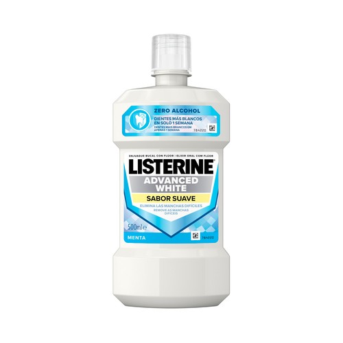 LISTERINE Advanced white Enjuague bucal con acción blanqueadora, sin alcohol y sabor suave a menta 500 ml.