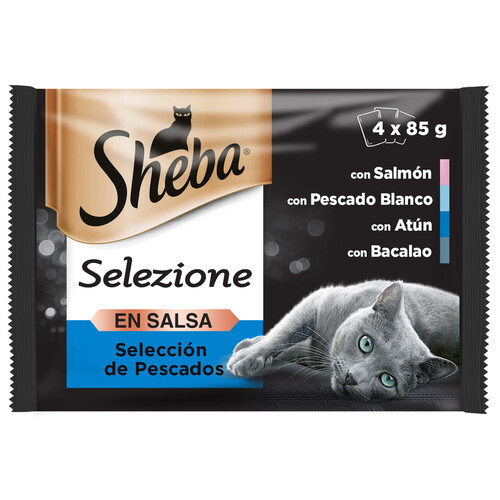 SHEBA Comida para gatos adultos a base de pescado en salsa SHEBA 4 uds. 85 g.
