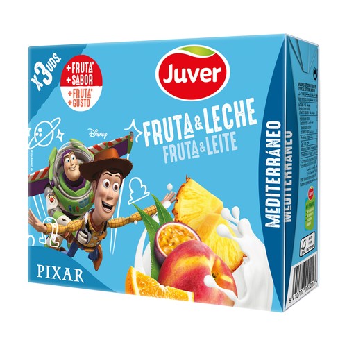 JUVER Leche con zumo de frutas mediterráneas (naranja, melocotón, piña...)  3 x 200 ml.