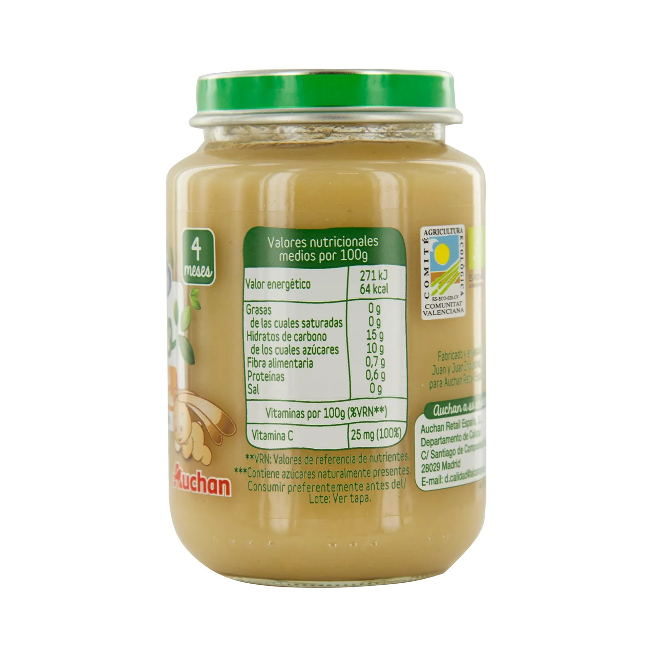 ALCAMPO BABY Bio Tarrito de frutas (pera, manzana, plátano y naranja) con cereales a partir de 4 meses 200 g.