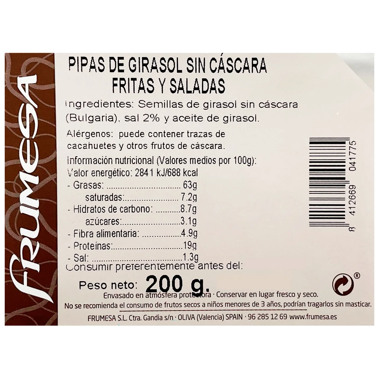 Pipas girasol peladas fritas y saladas 200 g.