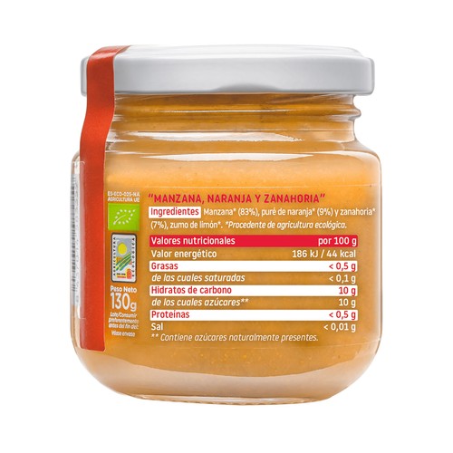 SMILEAT Tarrito de fruta y hortalizas 100% ecológicas (manzana, naranja y zanahoria), a partir 6 meses 130 g.