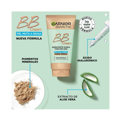 GARNIER Skin active BB Cream Crema correctora y anti-imperfecciones para pieles mixtas a grasas, tono medio y SPF 20 40 ml.