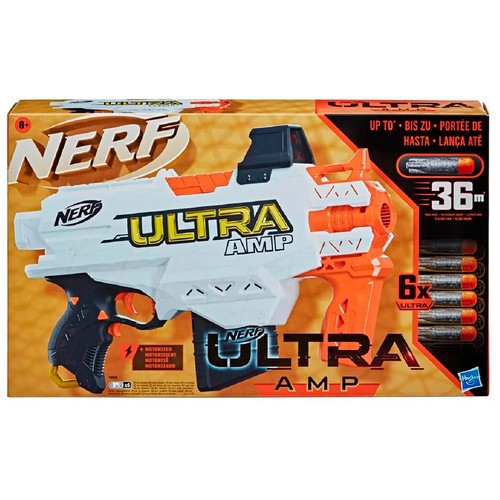 Pistola lanzadardos Ultra AMP motorizada, incluye 6 dardos de foam, alcanza hasta 36m. NERF.