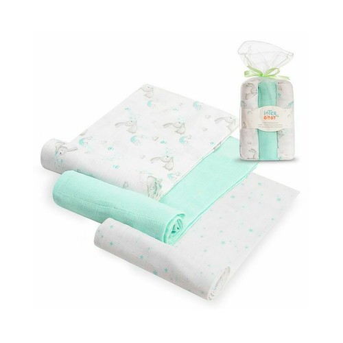 Pack de 3 gasas, diseño de conejitos y estrellas, color verde, INTERBABY.