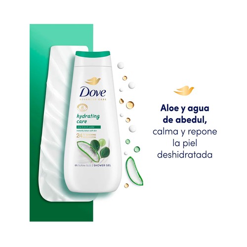 DOVE Advanced care Gel hidratante para ducha o baño con aloe vera y agua de abedul 400 ml.