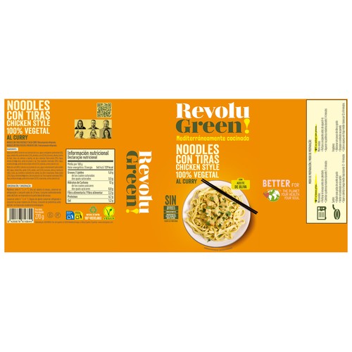 REVOLU GREEN! Noodles con tiras chicken style 100% vegetales, al curry 270 g.